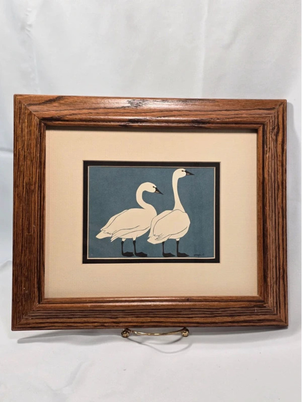 Vintage 1987 Swan Art Print Framed Folk Art Bird Wall Decor